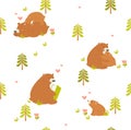 Print. Vector seamless background with cartoon bears in the forest. Forest pattern.