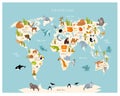 Print. Vector map of the world with cartoon animals for kids. Royalty Free Stock Photo