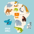 Print. Vector map of Africa with animals.