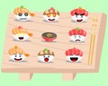 Illustration  cartoon character of japanese food of sushi set with shrimp, tuna, and salmon fresh plus soy sauce in Royalty Free Stock Photo