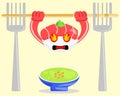 Illustration cartoon character of japanese food, tuna sushi exercising pull ups over wasabi sauce