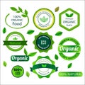 100% Organic Food Premium Organic Quality Guaranteed Products 100% Eco Natural Food Labels and Emblems Flat Vector Royalty Free Stock Photo