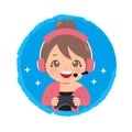 Cute gamer girl logo holding a joystick to play online games.