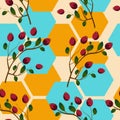 Colourful seamless pattern with pentagon shapes and berries