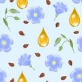 Seamless pattern with flax flowers, seeds and oil drops on a blue background. Vector