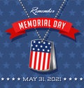 Remember Memorial Day. Soldier`s dog tags with American flag design.