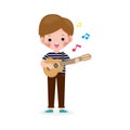 Cute kid playing guitar, happy children boy playing the guitar. Musical performance. isolated vector Illustration on white Royalty Free Stock Photo