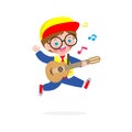 Cute kid playing guitar, happy children boy playing the guitar. Musical performance. isolated vector Illustration on white Royalty Free Stock Photo