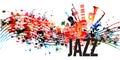 Colorful jazz music promotional poster with musical instruments and notes isolated vector illustration. Artistic abstract backgrou Royalty Free Stock Photo