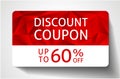 Discount coupon with abstract red polygon background, geometric poly pattern triangle texture and sale text: up to 60% off