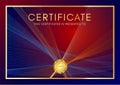 Certificate template with Guilloche pattern lines, frame border and gold medal. Blue and red background for Diploma