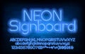 Neon Signboard alphabet font. Blue neon light simple letters, numbers and punctuation. Uppercase and lowercase.