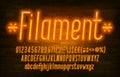 Filament alphabet font. Neon light simple letters, numbers and punctuation. Uppercase and lowercase.