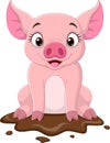 Cartoon funny pig sitting in the mud Royalty Free Stock Photo