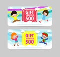 Gift voucher template with colorful pattern,cute gift voucher certificate coupon design template,kids jumping, Vector illustration Royalty Free Stock Photo