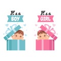 Cute infant in surprise gift box with a phrase `It`s a boy` and `It`s a girl`. Royalty Free Stock Photo