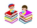 Set of cute little school children sitting and reading a book on stack of books, happy pupil reading a book at a top of a books Royalty Free Stock Photo