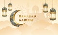 Ramadan Kareem greeting card with mosque silhouette and decorative lantern.
