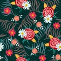 Seamless floral pattern with roses and chamomiles on dark background. Royalty Free Stock Photo