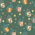 Seamless pattern with cute cartoon smoothies for fabric print, textile, gift wrapping paper. colorful vector for kids, flat style Royalty Free Stock Photo