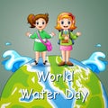 World water day design with two school girls on earth