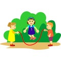 Illustration of boy and girl jumping rope. kids games in summer outdoor flat drawing Royalty Free Stock Photo