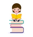 Cute little school children sitting and reading a book on stack of books, happy pupil reading a book at a top of a books heap Royalty Free Stock Photo