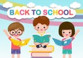 Back to school with school kids reading book education concept, cartoon happy children background banner Template for advertising Royalty Free Stock Photo