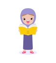 Cartoon happy muslim arabian kids standing and reading a book, cute pupil reading a book children back to school Flat Vector Royalty Free Stock Photo