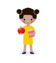 Happy american black children girl standing and holding book with apple, cute pupil reading a book kid back to school Flat Cartoon Royalty Free Stock Photo