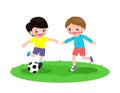 Two little Boys play football, happy Children playing soccer in the park isolated on white Vector illustration. Royalty Free Stock Photo