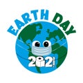 Earth Day 2021 - Earth Planet in face mask with toilet paper and vaccine. Royalty Free Stock Photo