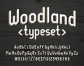 Woodland alphabet font. Vintage letters, numbers and punctuations. Uppercase and lowercase.