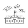 School with flying graduation caps vector illustration, linear style pictogram Element Royalty Free Stock Photo