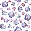 Vector seamless pattern with watercolor crocus or saffron. A repeating background with the spring flowers on whit