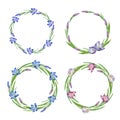 Floral watercolor Frame Collection with spring flowers. Set of cute retro crocus or saffron arranged in the shape of the circle