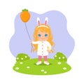 Cute girl wearing rabbit head band and holding carrot shape balloon. Easter clip art Royalty Free Stock Photo