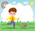 Happy Cute Young Boy Taking His Dog For A Walk Outdoors In Nature, Children Doing Housework Chores At Home Concept, Male Character