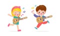 Cute kids playing guitar, happy children boy and girl playing the guitar, Musical performance isolated vector Illustration Royalty Free Stock Photo