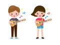 Cute kids playing guitar, happy children boy and girl playing the guitar, Musical performance isolated vector Illustration Royalty Free Stock Photo