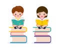 Set of cute little school children sitting and reading a book on stack of books, happy pupil reading a book at a top of a books Royalty Free Stock Photo