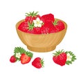 Strawberry in wooden bowl isolated on white background. Vector illustration of red ripe berry fruit Royalty Free Stock Photo
