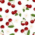 Seamless pattern with red cherry berry, green leaves and flowers. Fruit background. Royalty Free Stock Photo