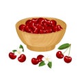 Cherry in wooden bowl isolated on white background. Vector illustration of red ripe berry fruit, green leaves and flowers Royalty Free Stock Photo