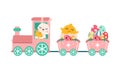 Cute pink easter train with rabbit and chick. Happy Easter celebration card design.