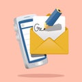 Penciil writing on paper half inside envelope in front of a smart phone. create an email icon vector illustration