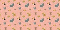 Seamless pattern of cartoon cute leopards, rainbow toucans, spider monkeys, and their faces with white outlines like stickers on a