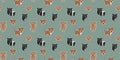 Funny seamless pattern of cartoon tapirs, South American noses, spider monkeys, and their portraits with white offsets like sticke Royalty Free Stock Photo