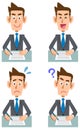 Four facial expressions of a businessman filling out a document