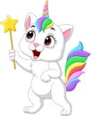 Cartoon funny unicorn cat holding magic wand